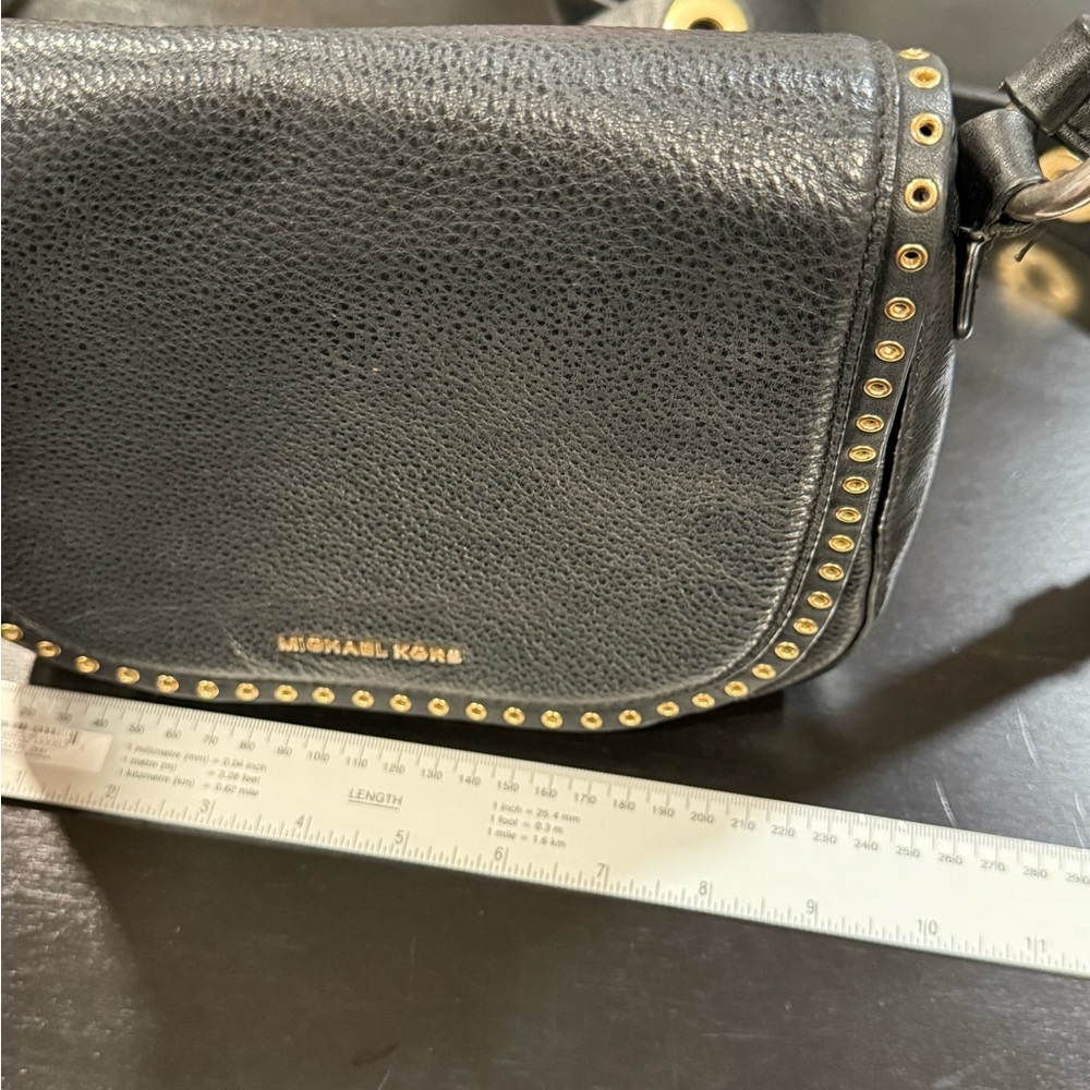 Michael Kors Brooklyn Black Gold Grommet Saddlebag Crossbody Purse Small - Picture 16 of 16